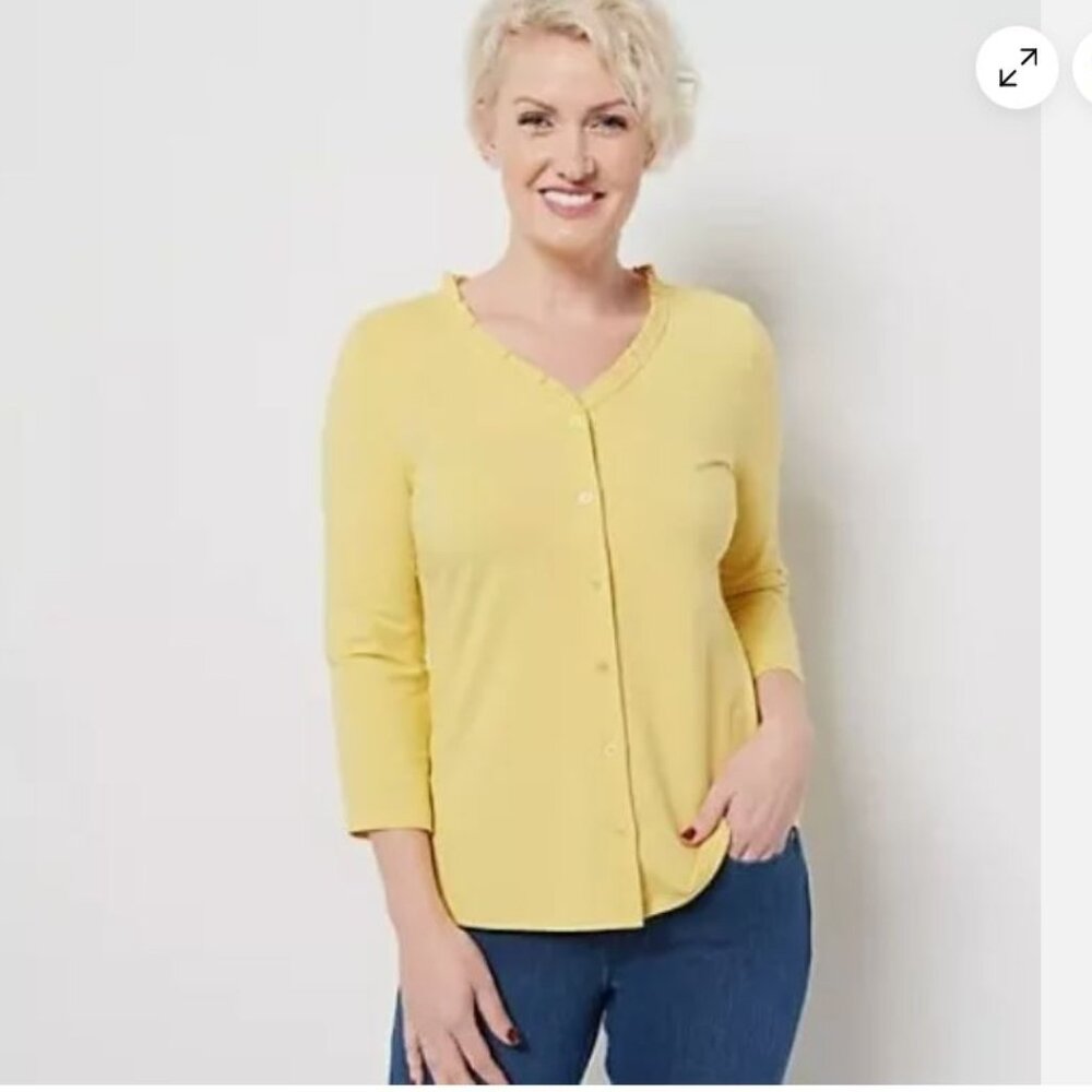 Isaac Mizrahi Live Button Front Knit Top with Ruffle Neck-Daisy Yellow-Large